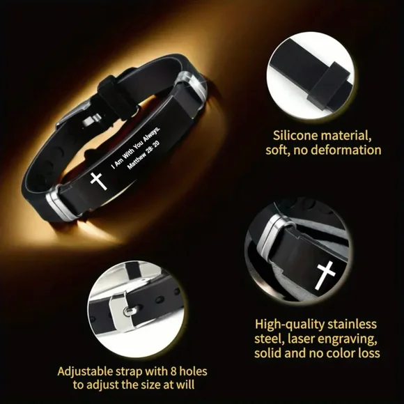 Black Silicone Scripture Bracelet Adjustable Unisex - Picture 7 of 8